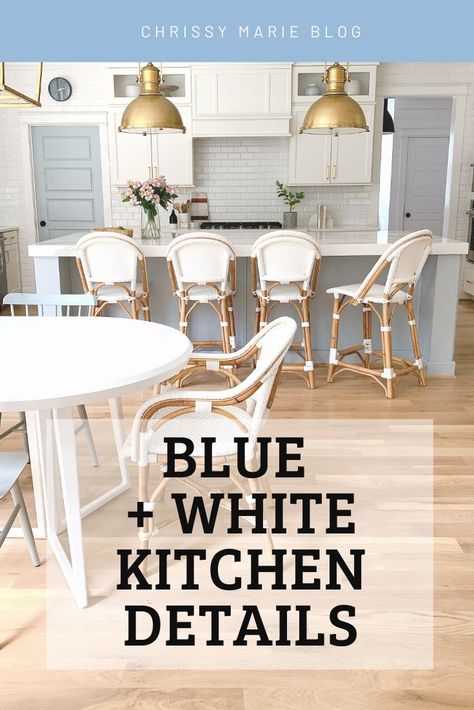 See inside and get the scoop on this blue and white (grandmillennial / classic) blue and white kitchen White Kitchen Blue Island, Kitchen Blue Island, Kitchen With Big Island, Blue Kitchen Walls, Blue And White Kitchen, Blue White Kitchens, Design My Kitchen, Chrissy Marie, Blue And White Living Room