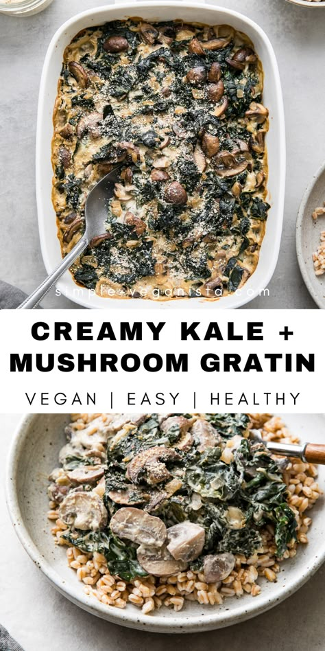 Kale Mushroom Gratin is one of my favorite creamy comfort food dishes. Delicious side filled with kale, mushrooms, vegan cream and topped with an Almond Parmesan! #mushroom #kale #healthyrecipes #veganrecipes #plantbased Vegan Creamed Kale, Kale Mushroom Salad, Kale Mushrooms Recipes, Good Kale Recipes, Vegan Recipes With Kale, Plant Based Kale Recipes, Kale Recipes Vegetarian, Kale Rice Recipes, Kale Main Dish Recipes