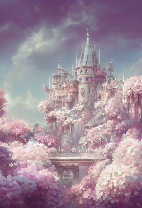 Fantasy Castle In The Sky, Fantasy Sky Castle, Pink Fantasy Castle, Magical Castle Aesthetic, Pink Fantasy World, Pink Castle Aesthetic, Pink Fantasy Background, Pink Fantasy Aesthetic, Magical Castle Fantasy Fairytale