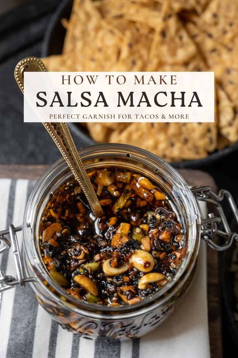 If you're a fan of Asian chili oil and chili crunch, there's a glaring hole in your condiment game in the form of a Mexican chili oil called salsa macha. It's made with fried shallots and garlic, a blend of chile flakes, nuts and seeds, and a few other ingredients. You can use it as a garnish, in marinades and dressings, in dips or with tortilla chips, and a nearly endless list of other dishes. Garlic Chili Crunch Oil, Mexican Chili Oil, Mexican Chili Oil Recipe, Asian Chili Oil, Chili Crunch Recipe, Garlic Chili Oil Recipe, Chili Crunch Oil, Mala Sauce, Asian Chili