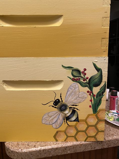 Painted Bee Hives Boxes Art, Painted Beehives Ideas, Flow Hive Painting Ideas, Painted Bee Hives Ideas, Painted Bee Boxes, Bee Box Painting Ideas, Beehive Painted, Beehive Painting Ideas, Bee Hive Painting Ideas