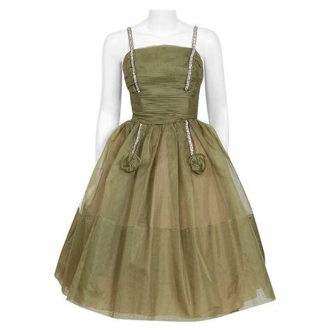 1950's Vintage Olive Green Pleated Silk Organza Rhinestone Full-Skirt Dress  | From a unique collection of rare vintage Aesthetic Evening Dresses at https://www.1stdibs.com/fashion/clothing/evening-dresses/aesthetic-evening-dresses/. 1950s Barbie, 1950s Clothes, Dior Green, Pleated Organza, 50s Prom, Vintage Green Dress, Poofy Dress, Silk Tank Dress, Wish List Clothes