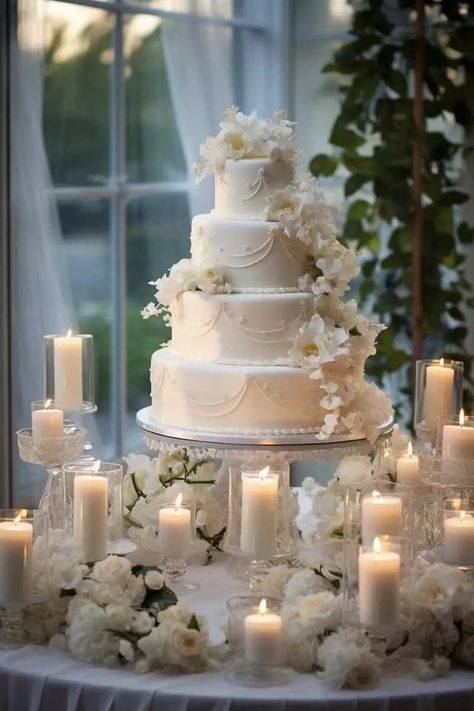 Wedding Cake Table Ideas: Elegant Displays to Sweeten Your Special Day - OMG Hitched Wedding Cake Decorations Table, Elegant Cake Wedding, Wedding Decorations Table Elegant, Cake Table Set Up Wedding, Elaborate Wedding Cakes, Wedding Cakes With Flowers Elegant, Wedding Cake With Candles, Dessert Table Ideas Wedding Elegant, Timeless Wedding Cake Ideas