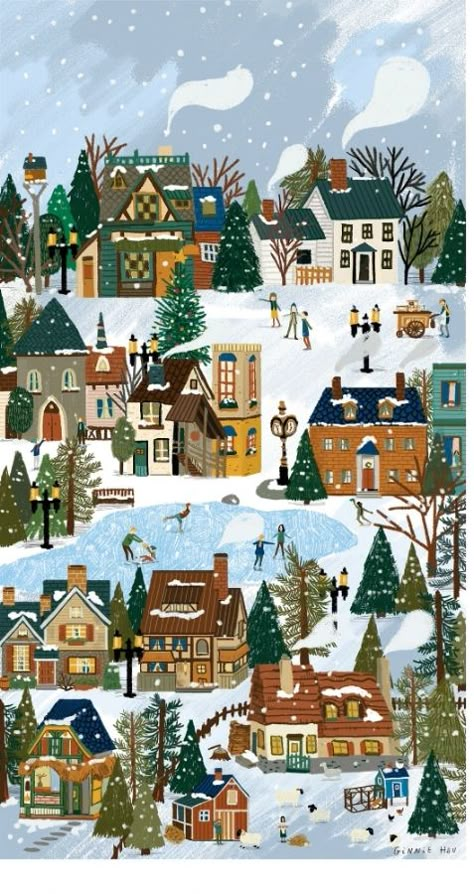 Christmas Village Scene Illustration, Snowy Village Illustration, Winter Town Illustration, Christmas Village Painting On Canvas, Winter Village Aesthetic, Winter Illustration Wallpaper, Winter Village Illustration, Ginnie Hsu, Winter Drawings Christmas