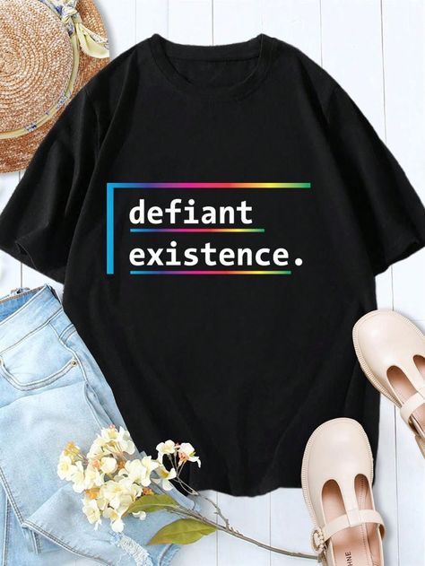 Queen T-Shirts Defiant Existence (Rainbow LGBTQ+) Pride T-Shirt For Ladies - Bisexual Gay Lesbian Equality Politics Black Casual  Short Sleeve Knitted Fabric Cartoon,Geometric,Letter,Striped,Slogan  Medium Stretch Spring/Summer Women Clothing, size features are:Bust: ,Length: ,Sleeve Length: Queen Tshirt, Pride Tshirts, Lgbtq Pride, Black Casual, Summer Women, Womens Tees, Women Clothing, Casual Shorts, Knitted Fabric