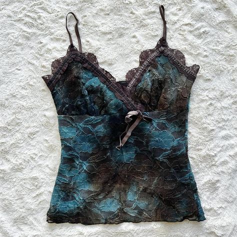 Vintage Y2K early 2000s stunning blue and brown lace... - Depop Teal Witch Aesthetic, Teal And Brown Outfit, Blue Goth Aesthetic Outfits, Fitted Blue Y2k Style Tops, Brown And Teal Outfits, Fitted Y2k Blue Tops, Lace Cami Outfit, Fitted Y2k Denim Blue Top, Fitted Y2k Top With Lace Trim