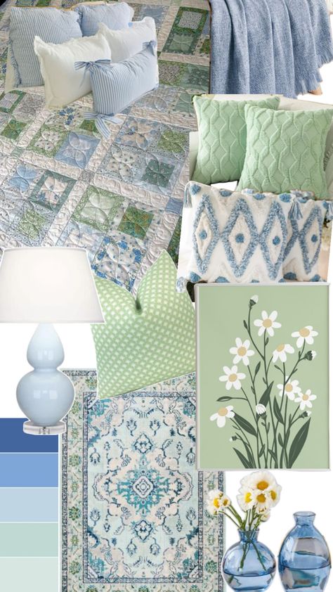 Green Blue And White Bedroom, Green And Blue Aesthetic Room, Green And Blue Bedroom Aesthetic, Blue And Green Dorm Room, Blue And Green Room, Blue Green Rooms, Hampton Interior, Light Blue Rooms, Blue Green Bedrooms