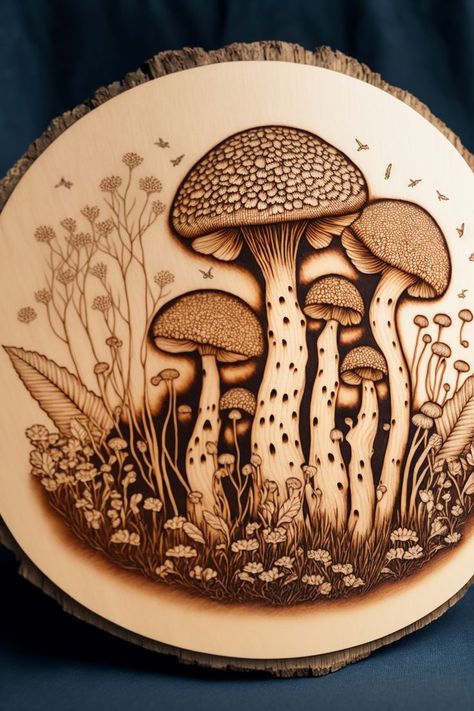 a wood slice with a mushroom wood burned on it. Beginner Wood Burning, Wood Burning Tips, Pyrography Designs, Wood Burning Patterns Stencil, Wood Burning Techniques, Wood Burn Designs, Wood Burning Tool, Woodburning Projects, Pyrography Art