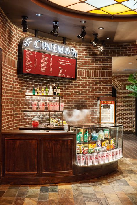 Movie Cafe Design, Old Cinema Interior, Old Movie Theater Interior, Movie Theater Rooms Aesthetic, Home Theater Concession Ideas, Bnb Ideas Interior Design, Movie Interior Design, Cinema Snack Bar, Cinema Concession