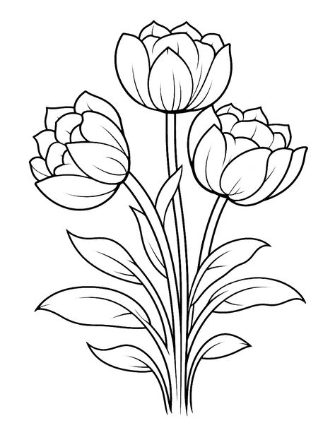 Drawing Flowers Easy, Flower Pattern Painting, Pretty Flower Drawing, Realistic Rose Drawing, Tulip Flower Drawing, Colouring In Pages, Tulip Arrangement, Daisy Drawing, Simple Flower Drawing