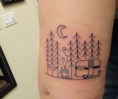 Camper Tattoo, Ink Practice, Cool Nature Tattoos, Camping Tattoo, Nature Tattoo Ideas, Adventure Tattoo, Cool Nature, C Tattoo, Nature Tattoo