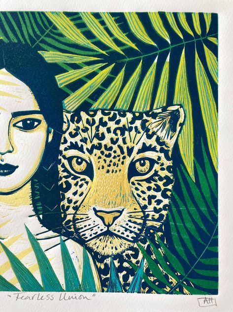 Fearless Union Linocut by Alison Headley | Artfinder Alison Headley, Tiger Artwork, Summer Stripes, Portrait Illustration, Fantastic Art, Linocut Prints, Paper Print, Artwork For Sale, Paintings For Sale