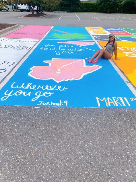 pink, blue, pretty unique Blue Parking Spot Ideas, Girls Senior Parking Spot Ideas, Up Senior Parking Spot, Senior Parking Spots 2025, Unique Senior Parking Spot Ideas, Senior Parking Spot Ideas, Parking Spot Ideas, Painted Parking Spots Senior Girls, Senior Parking Spot