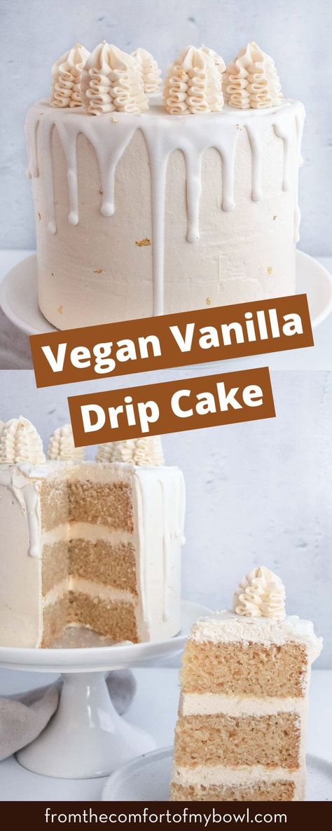 This vegan vanilla drip cake recipe is perfect for any occasion. Whether it’s a birthday, holiday, or baby shower. Give it a try today! Vegan White Chocolate Cake, Vegan Drip Cake, Vegan Layer Cake, Vegan Cake Recipes Birthdays, Vanilla Drip Cake, Cake With Drip, Drip Cake Recipe, Drip Icing, Dairy Free Ganache