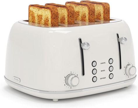 1.5''Wide Slots Toaster with Cancel/Defrost/Reheat Functions,Dual Independent Control Panel, Removal Crumb Tray (White) Retro Toaster, 4 Slice Toaster, Stainless Steel Toaster, Hamilton Beach, Small Kitchen Appliances, Control Panel, Yummy Breakfast, Cream White, Food Grade