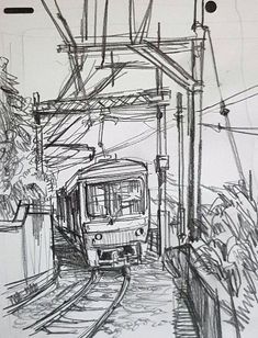 Easy Pen Sketches, Pencil Line Art, Places Drawing, Scenery Sketch, Drawing Place, Building Sketches, City Drawings, Train Sketch, Street Drawing