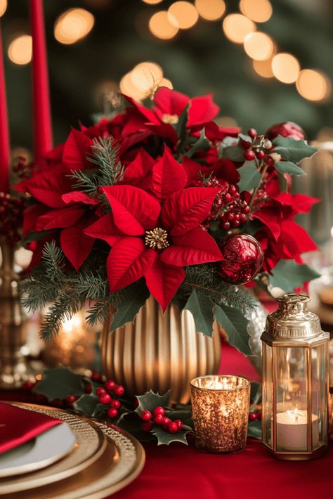 Christmas Wedding Centerpiece Christmas Decor Poinsettia, Poinsettia Decorating Ideas, Christmas Poinsettia Decorations, Christmas Floral Centerpieces, Poinsettia Christmas Decor, Floral Christmas Centerpieces, Elegant Christmas Decor Ideas, Christmas Floral Arrangements Diy, Poinsettia Centerpiece