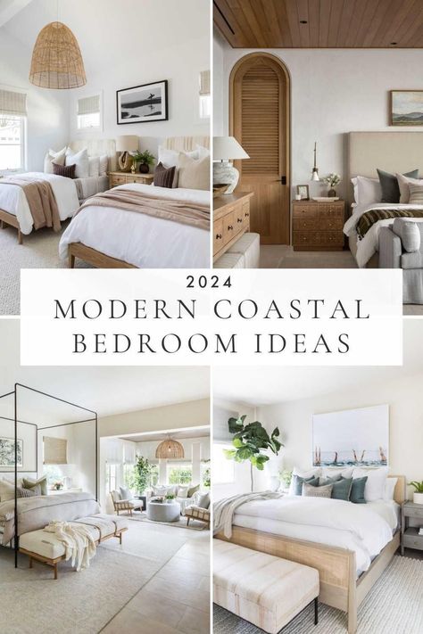 Modern coastal bedroom ideas and trends for 2024, with designer inspiration and tips to help you bring a beautiful touch of modern organic, beach house, and coastal grandmother style to your master bedroom, small bedroom, or guest bedrooms Modern Coastal Transitional, Modern Coastal Beds, Modern Coastal Bedding Ideas, Master Bed Coastal, Modern Lake House Decor Bedroom, Modern Costal Bedroom Design, Modern Coastal Bedroom Furniture, Organic Modern Coastal Bedroom, Master Bedrooms Coastal Style