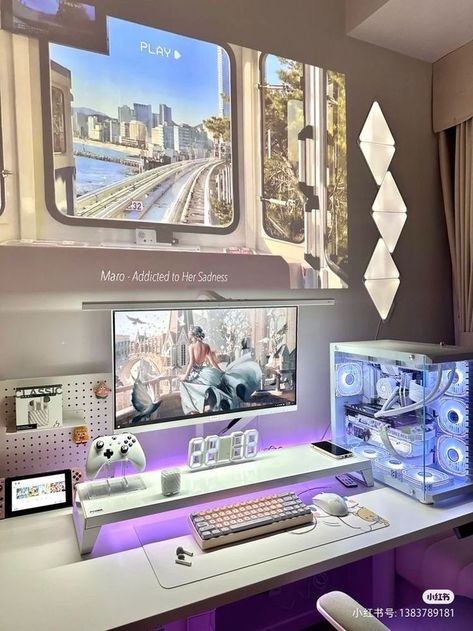 Laptop Pc Setup, Desk With Tv Above It, White Pc Setup, White Gaming Setup, Nixie Tube Clock, Gaming Desk Setup, Best Gaming Setup, Study Desk Decor, Nixie Tube