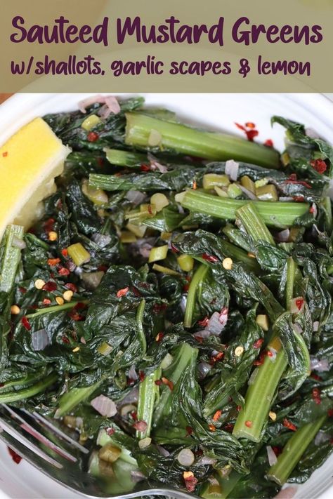 Tasty sauteed mustard greens in a bowl with chili flakes and lemon wedge. Green Mustard Recipe, Sauteed Mustard Greens, Recipes With Mustard Greens, Collard Salad, Mustard Greens Recipe, Greens Recipe Soul Food, Green Vegetable Recipes, Leafy Greens Recipes, Eating Greens