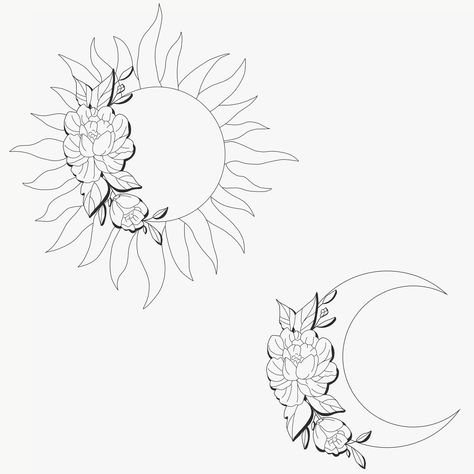 floral sun and moon Floral Sun And Moon Tattoo Matching, Matching Best Friend Tattoos Sun And Moon, Sun And Moon Tattoo Elegant, Sun And Moon Flower Tattoo Matching, Matching Tattoos Floral, Sun And Moon Mother Daughter Tattoo, Sun And Flowers Drawing, Sun Floral Tattoo, Sun And Moon Hip Tattoo