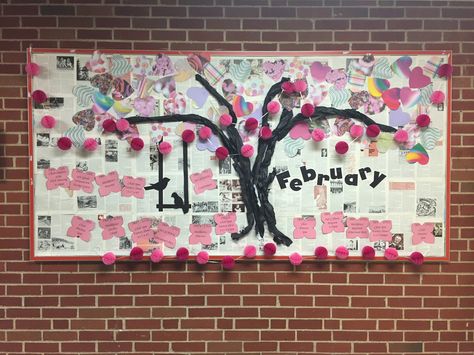 Cherry Blossom tree for February bulletin board. Cherry Blossom Bulletin Board, Middle School Valentine Bulletin Board, February Bulletin Board Ideas For School Library Displays, Valentine’s Day Bulliten Board, Valentine’s Day Bulletin Board Elementary School, February Bulletin Boards, February Ideas, Messy Play, Cherry Tree