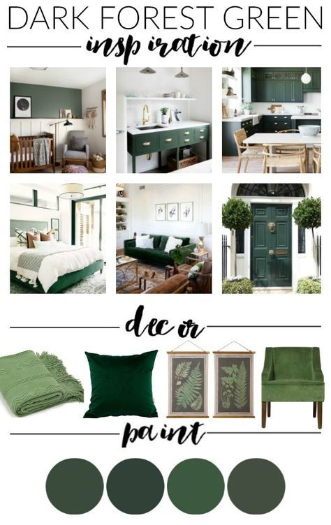 Dark hunter green paint, decor and inspiration for creating a beautiful high contrast home. #darkgreen #decorinspiration Hunter Green Paint, Paint Decor, Dark Hunter Green, Grey Sofa, Dark Hunter, Green Inspiration, Green Furniture, Green Home Decor, Living Room Green