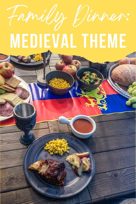 Make family dinner fun! Prepare to journey back in time and feast like royalty at a medieval dinner. Medieval Feast Food, Viking Feast Table Settings, Midevil Food Ideas, Medieval Food Ideas, Medieval Party Food, Medieval Dinner Party, Medieval Food Recipes, Medieval Foods, Medieval Dinner