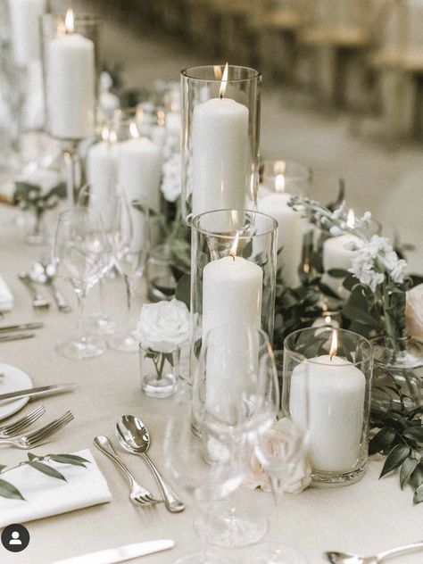 Neutral And Greenery Wedding Decor, Wedding Table Greenery And Candles, White Wedding Color Palette, Wedding Table White Flowers And Candles, White Flowers And Candles Wedding, White Roses And Candles Wedding, Simple Wedding Tables, White Candles And Greenery, White Flowers Candles Wedding