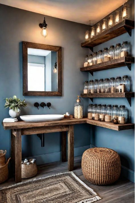 Rustic bathroom decor on a budget Rustic Bathroom Diy Ideas, Bathroom Thrift Decor, Industrial Boho Bathroom, Rustic Blue Bathroom, Men’s Bathroom, Rustic Boho Bathroom, Blue And Brown Bathroom, Dark Blue Bathroom, Dark Blue Bathrooms