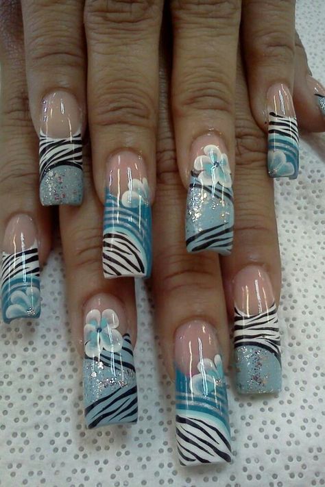 ♥♥♥ Pretty nail art idea for long acrylic gel nails #nails #nailswag #nailstagram #nailart Blue Gyaru Nails, Nail Designs 2000s, Black And Baby Blue Nails, 90s Acrylic Nails Art Designs, Cheap Nail Ideas, Blue Y2k Nails, Early 2000 Nails, Graphic Nail Art, Gal Nails