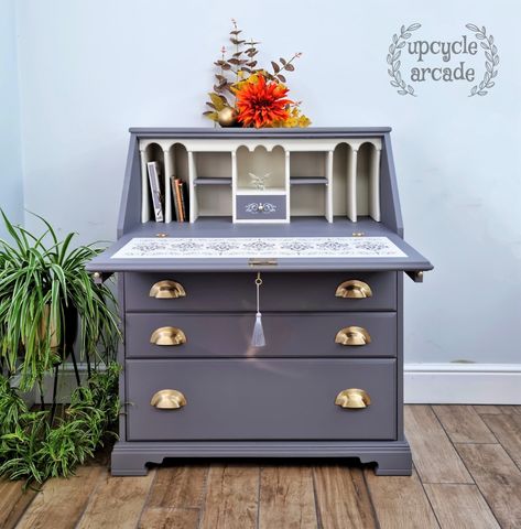 Bureau Writing Desk by Younger Mid-Century Modern Teak in grey and damask – Upcycle Arcade Upcycled Bureau Ideas, Bureau Upcycle, Letter Desk, Modern Bureau, Working Office, Writing Bureau, Furniture Upcycling, Upcycling Furniture, Home Working