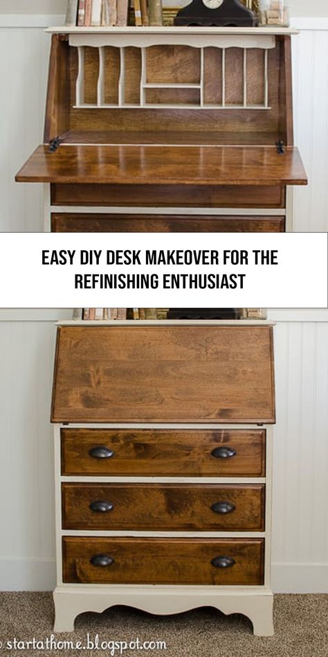 Farmhouse Desk Diy, Diy Desk Makeover, Cute Modern Farmhouse, Easy Diy Desk, Secretary Desk Makeover, Drop Front Desk, Diy Rustic Farmhouse, Desk Makeover Diy, Modern Farmhouse Ideas