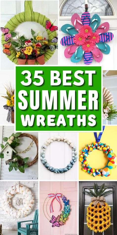 Looking to add some summer front door decor? Check out our collection of DIY summer wreaths! From floral wreaths to beach wreaths and farmhouse wreaths, we've got you covered with a variety of styles. Brighten up your home with a sunflower wreath or lemon wreath. Don't miss out on our selection of summer door hangers and summer wreaths specifically designed for the front porch. Find the perfect summer wreath for your home! Summer Time Wreaths Front Doors, Summer Wreath Diy Summertime, Non Wreath Front Door Decor, Dollar Tree Summer Wreath Ideas, Summer Floral Wreath, Spring Door Wreaths Diy, Easy Spring Wreath Diy, Summer Wreaths For Front Door Diy Dollar Stores, Summer Door Wreaths Diy