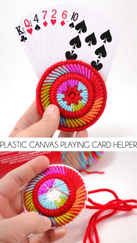 This little plastic playing card helper will keep your hands from cramping during family game night :) Bingo Crafts, Card Holder Diy, Plastic Playing Cards, Playing Card Holder, Knitted Patterns, Plastic Canvas Stitches, Plastic Mesh, Plastic Canvas Patterns Free, Plastic Crafts