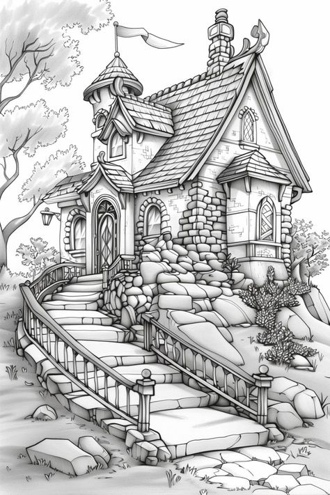 Experience the tranquility of a mountain house coloring page with scenic landscape art perfect for relaxation. Nature House Drawing, Landscape Coloring Pages Free Printable, Landscape Coloring Pages, Chibi Coloring Pages, Coloring Pages Nature, Coloring Page Free Printable, Perspective Drawing Architecture, House Colouring Pages, Pattern Coloring Pages