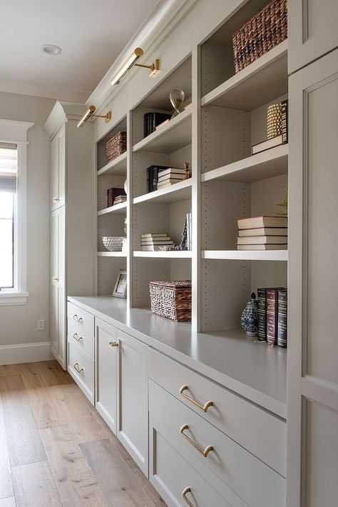 9 Tips To Make a Small Room Feel Bigger - Marissa Cal Home Built In Shelves And Cabinets, Cabinets And Bookshelves, Built Ins Color Ideas, Office Design With Built Ins, Wide Built In Shelves Living Room, Built In Shelves Storage, Built In Bookshelves With Drawers, Bedroom Bookcases Master, Built In Storage Cabinets Living Room