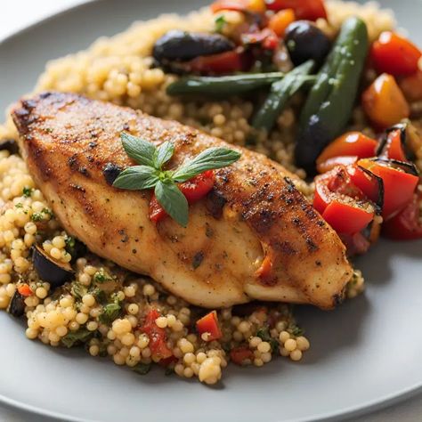 MealPractice | Mediterranean Chicken with Ratatouille and Herbed Couscous Herbed Couscous, Flavorful Dinner, Mediterranean Chicken, Fast Recipes, Tender Chicken Breast, Basil Chicken, Chicken Dish, Dinner Options, Satisfying Food