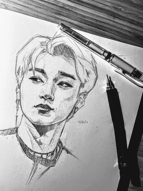 Chaewon Drawing, Ateez Drawings, Seventeen Chibi, Kpop Sketch, K Pop Drawings, Ateez Fanart, Kpop Fan Art, Skz Art, Pop Illustration