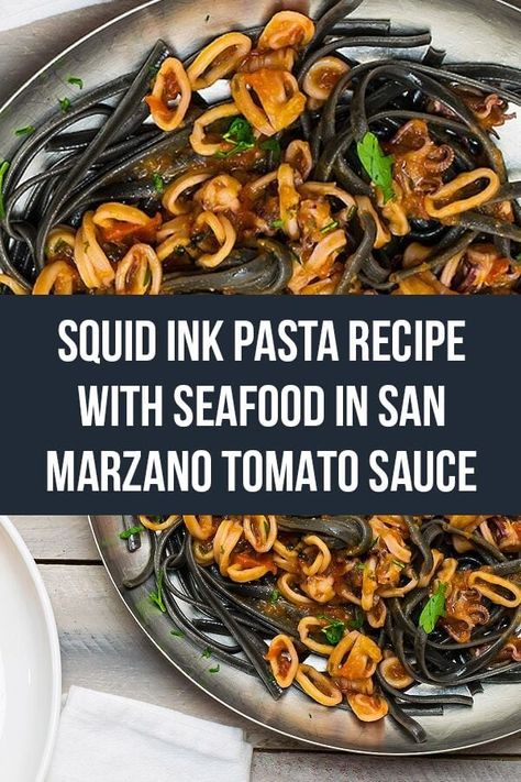 Calamarata Pasta Recipe, Recipes With Squid Ink Pasta, Squid Ink Pasta Recipe Sauces, Squid Ink Pasta With Mussels, Squid Ink Pasta Dishes, Squid Ink Pasta Recipe, Squid Ink Spaghetti, San Marzano Tomato Sauce, Squid Ink Pasta