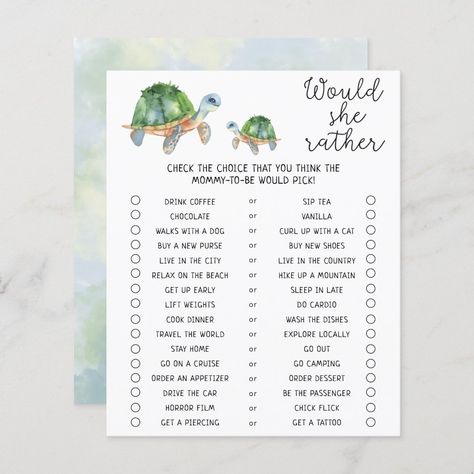 Sea turtle - Would She Rather Baby Shower Game Turtle Baby Shower Theme Boy, Baby Shower Turtle Theme, Turtle Themed Baby Shower Ideas, Sea Turtle Baby Shower Ideas, Beach Theme Baby Shower Ideas, Turtle Baby Shower Decorations, Turtle Baby Shower Theme, Turtle Decorations, Ocean Baby Shower Theme