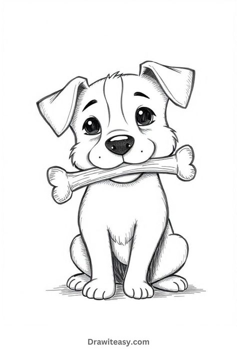 A cartoon puppy holding a bone in its mouth, drawn with expressive eyes and a cute smile. Puppy Sketch Easy, Puppy Drawing Sketches, Silly Dog Drawing, Easy Dog Drawing Simple, Dog Drawing Sketches, Simple Dog Drawing, Dog Sketch Easy, Dog Drawing For Kids, Easy Dog Drawing