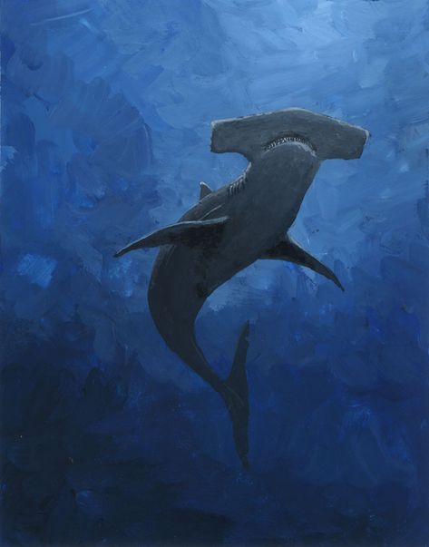 Shark Painting Aesthetic, Shark Underwater Painting, Easy Shark Painting On Canvas, Shark Painting Acrylic Easy, Hammerhead Shark Painting Acrylic, Shark Oil Painting, Hammerhead Painting, Shark Painting Ideas, Easy Shark Painting