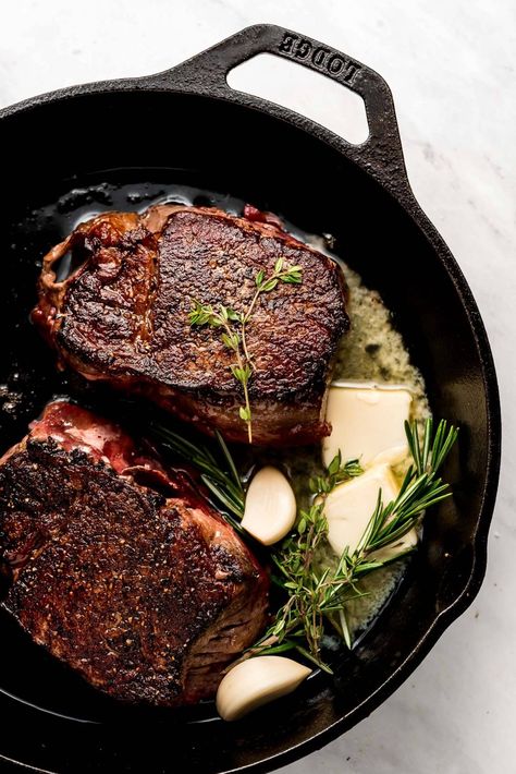 Learn how to cook Filet Mignon perfectly! Nothing is better than a tender cut of steak with a beautiful brown crust and juicy interior. #filetmignon #beef #valentinesdayrecipes #castironcooking | GarnishandGlaze.com Beef Tenderloin Steak Recipes Cast Iron, Tenderloin Steaks In The Oven, Beef Tenderloin Cast Iron Skillet, Filet Mignon Aesthetic, Beef Tenderloin Steaks Recipes, Filet Mignon Cast Iron Skillet, How To Cook Filet Mignon, Beef Tenderloin Steak Recipes, Steak Cast Iron Skillet