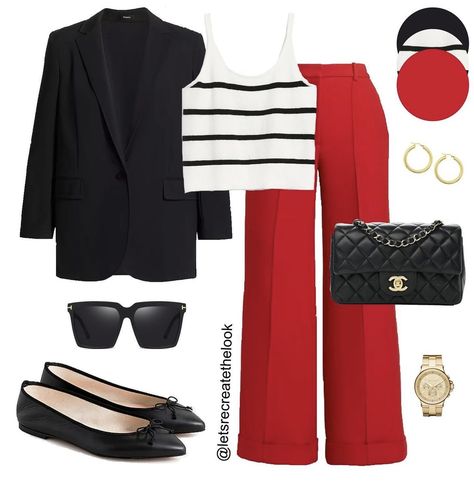 Red Cullotes Outfit Casual, Black White And Red Outfits Classy, Black Outfit With Red Accessories, White And Red Outfits For Women, Red Trouser Outfit Women, Black Elegant Pants Outfit, How To Wear Red Pants, Red Palazzo Pants Outfit, Pantalon Rojo Outfit