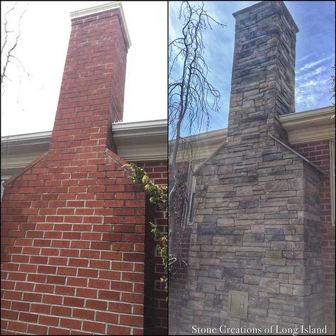 Fireplace Chimney Stone Veneer - Before & After, Whiteston… | Flickr Masonry Design, Stone Veneer Exterior, Fireplace Chimney, Stone Veneer Fireplace, Chimney Design, Fireplace Console, Exterior Fireplace, Stone Chimney, Brick Chimney