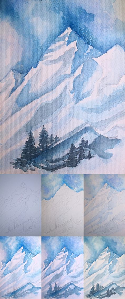 2 How to draw snow mountains Snow Mountain Drawing, Fox Drawing Tutorial, How To Draw Snow, Drawing Snow, Mountains Drawing, Mountains Watercolor, Snow Painting, Snow Mountains, Mountain Drawing