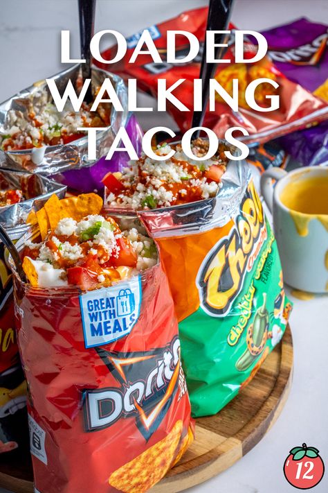 Walking Taco Salad, Party Walking Tacos, Crockpot Walking Tacos With Fritos, Walking Tacos Camping, Doritos Walking Taco, Frito Walking Taco, Sweet Chili Doritos, Valentina Hot Sauce, Taco In A Bag