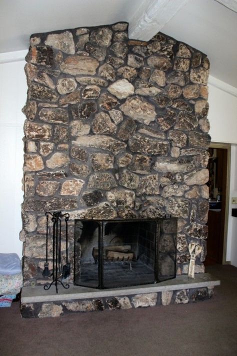 Limewash Stone Fireplace Before And After, Cover Rock Fireplace, Overgrout Fireplace Stone, Covering Stone Fireplace, Stone Fireplace Makeover Before After, Fireplace Renovation Before And After, Old Stone Fireplace Makeover, Painting Stone Fireplace, Rock Fireplace Makeover