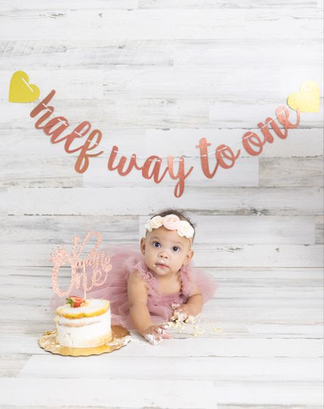 Halfway To One Photoshoot Ideas, Baby Girl Half Birthday Ideas, Half Way To One, Monthly Photoshoot, Baby Holiday Photos, Half Birthday Baby, Baby 2024, 6 Month Baby Picture Ideas, 2nd Birthday Photos